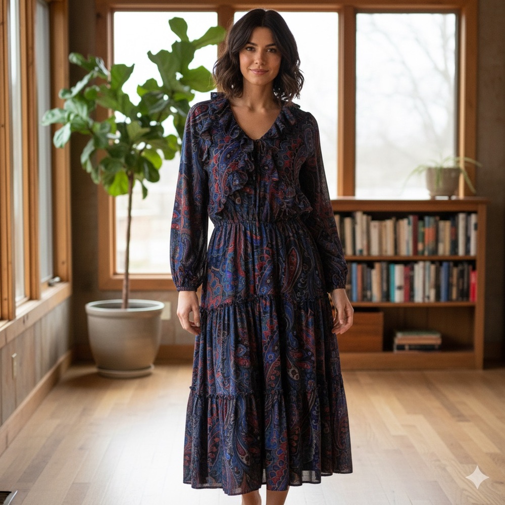 Lauren‎ Ralph Lauren Carlonda Paisley Georgette Tiered Midi Dress Ruffle 12